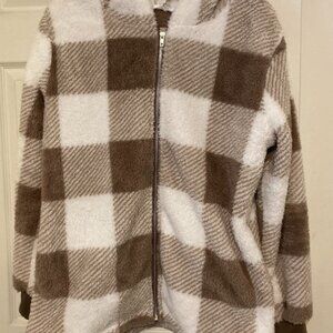 XL Cozy Fuzzy Plaid Sherpa Fleece Hooded Jacket Brown White Zip